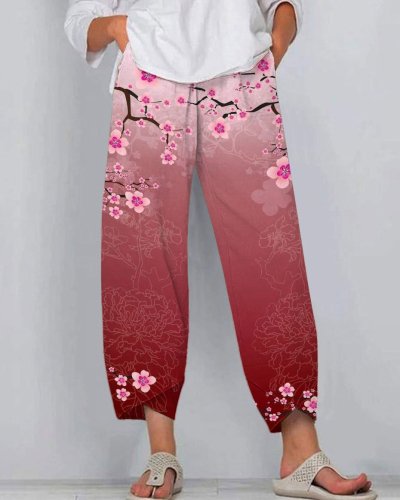 Pink Peach Blossom Stitching Casual Pants