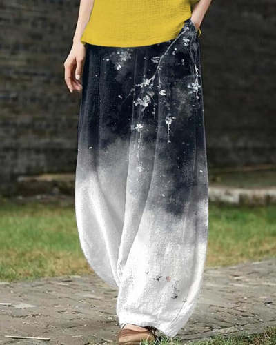 Ink Gradient Color Flower Branch Wash Loose Casual Pants