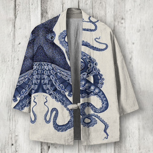 Japanese Art Octopus Graphic Printed Linen Blend Kimono