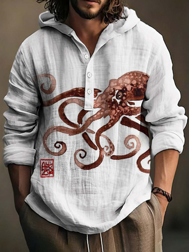 Japanese Art Octopus Printed Linen Blend Casual Hoodie
