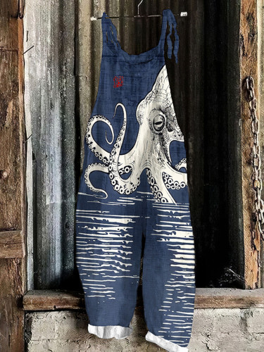 Japanese Art Vintage Octopus Graphic Sea World Painting Art Loose Jumpsuit