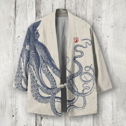 Vintage Octopus Japanese Art Linen Blend Kimono Cardigan