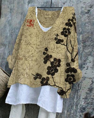 Ink Plum Blossom Vintage Texture Art Linen Blend Tunic Shirt