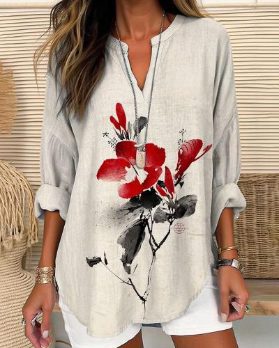 Ink Red Flowers Long Sleeves Casual Blouse
