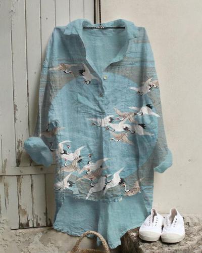 Japanese Cranes Moon Print Cotton And Linen Tunic Shirt