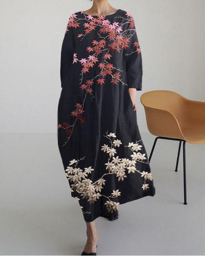 Maple Leaf Color Block Print Linen Blend Midi Dress