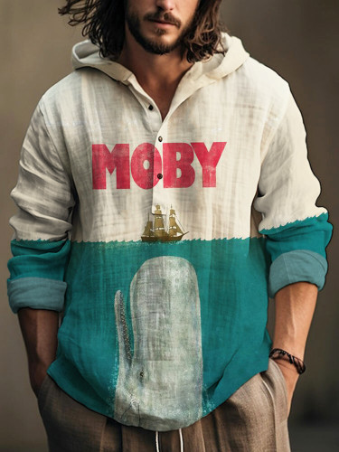 Moby Marine Animal Vintage Print Linen Hooded Shirt