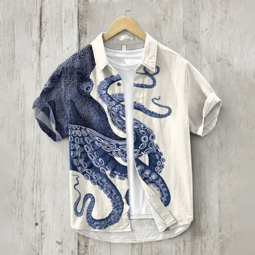 Japanese Art Octopus Print Lapel Short Sleeve Shirt