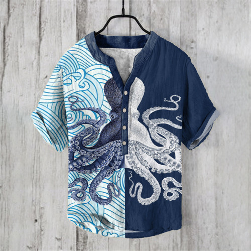 Japanese Art Contrast Octopus Print V-Neck Shirt