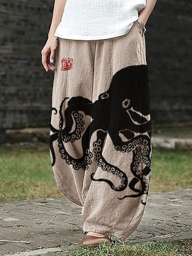 Octopus Japanese Lino Art Linen Blend Wide Leg Pants