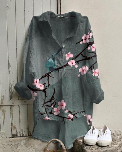 Bird Plum Blossom Print Cotton And Linen Tunic Shirt