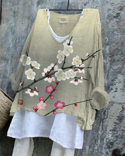 White Pink Plum Blossom Art Linen Blend Tunic Shirt
