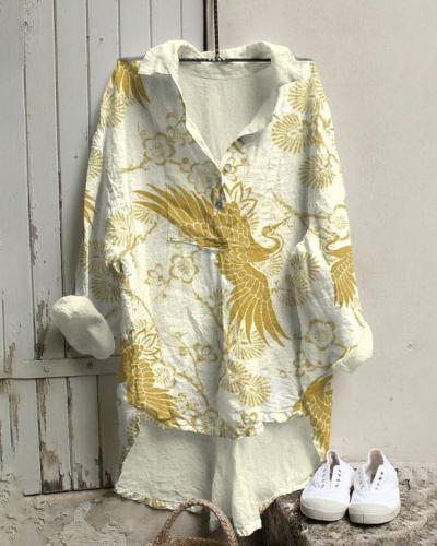 Flying Crane with Golden Clouds Cotton And Linen Tunic Shirt