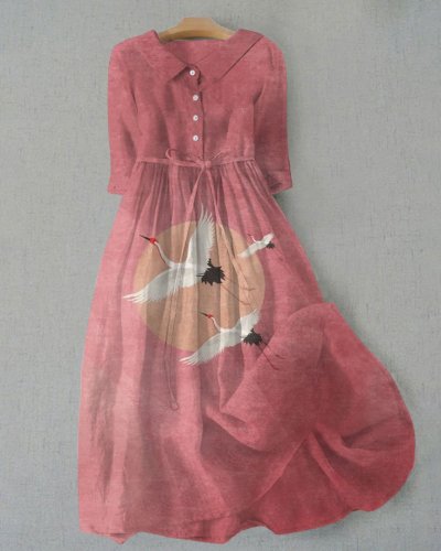 Pink Flying Cranes Sun Art Print  Lace-up Casual Midi Dress