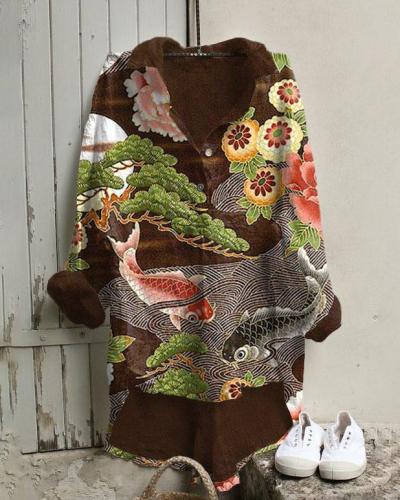 Japanese Pine Carp Wave Cotton And Linen Tunic Shirt