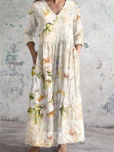 Retro Chic Floral Print Short Sleeve V Neck Midi Dress