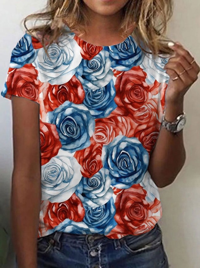Women's Independence Day Red, White And Blue Floral Print T-Shirt