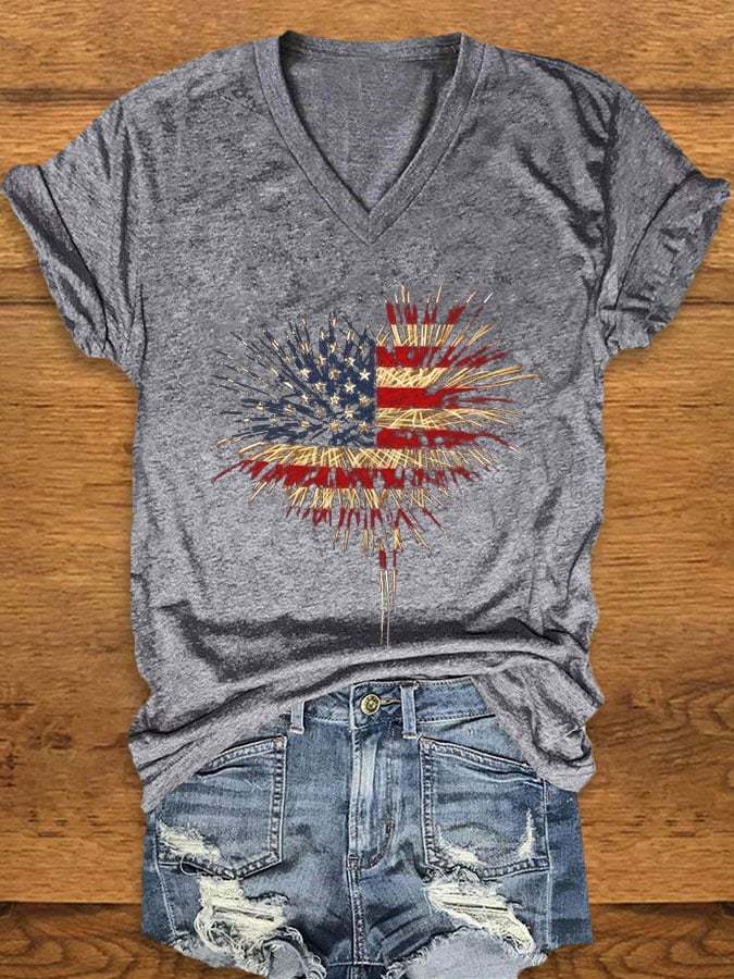 Women's Independence Day Retro Love Fireworks Flag Print T-Shirt