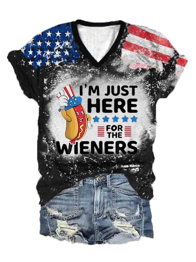 Women's Independence Day I'm Just Here For The Wieners Flag Print V-Neck T-Shirt