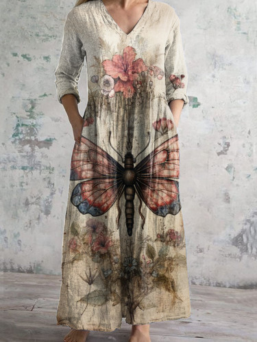 Vintage Floral Butterfly Art Print Casual Blend Dress