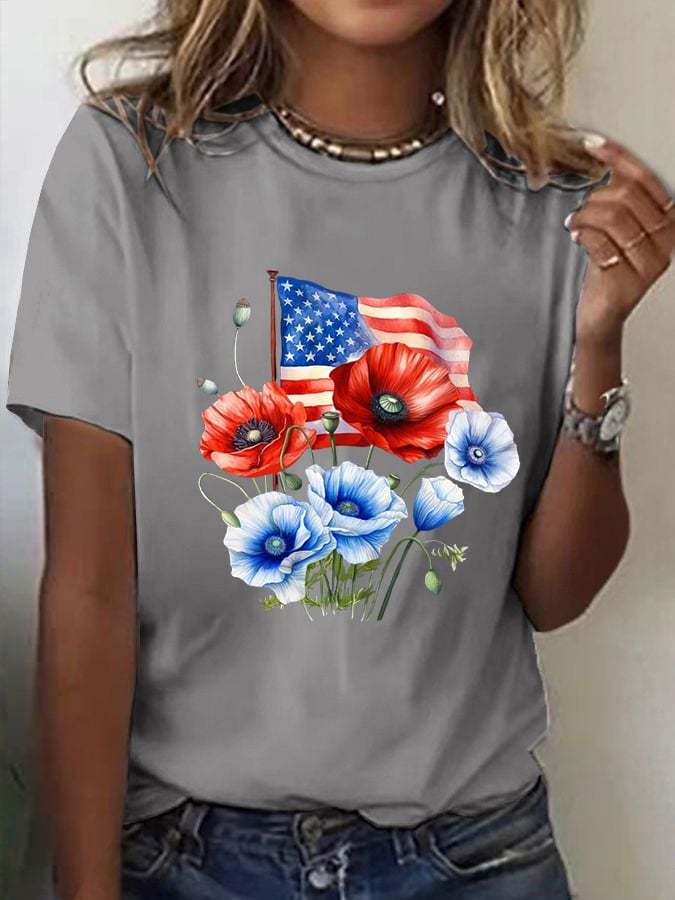Women's Red And Blue Flowers T-Shirt