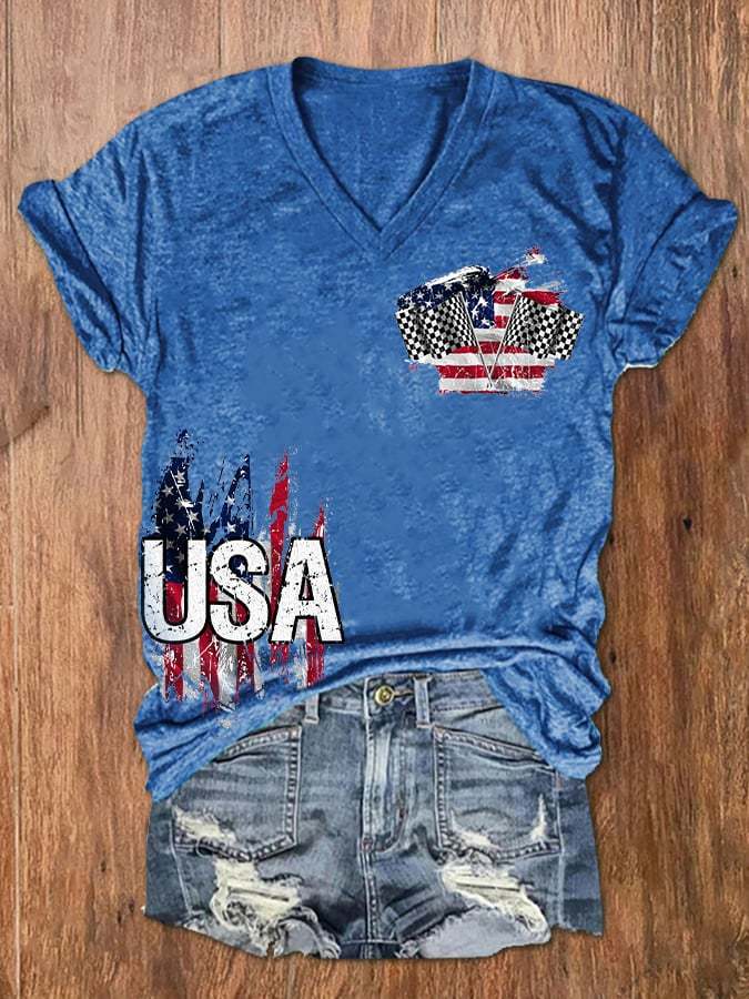 Women's Racing American Checkered Flag 4th Of July V-Neck Tee