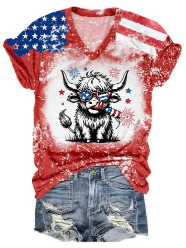 Women's  Independence Day Baby Highland Cow Print V-Neck T-Shirt