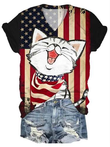 Women's Independence Day Cute Cat Print V-Neck T-Shirt