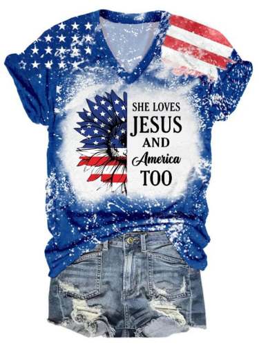 Women's Independence Day She Loves Jesus and America Too Printed V-neck T-shirt
