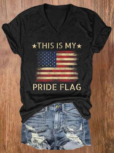 Women's Vintage This Is My Pride Flag Print Casual V Neck T-shirt