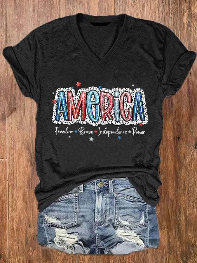 Women's Freedom Brave Indepence Power America Print V-Neck T-Shirt