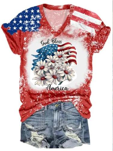 Women's  God Bless America Flag Print V-Neck Casual T-Shirt