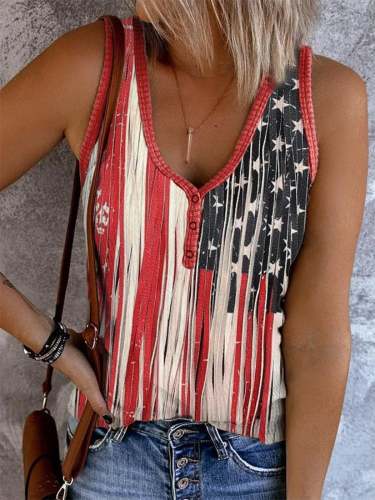 Women's Vintage American Flag Tassel Art Print Button Down Casual Vest