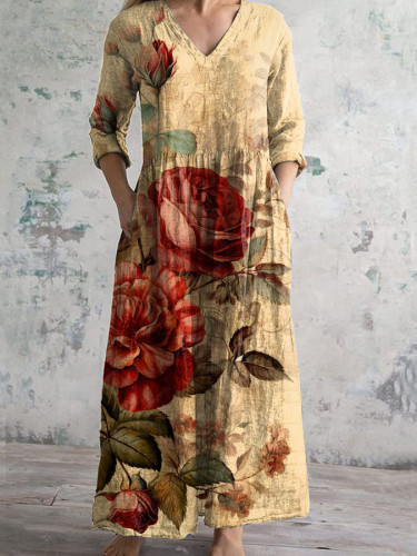 Vintage Floral Print V-neck Long-sleeved Dress