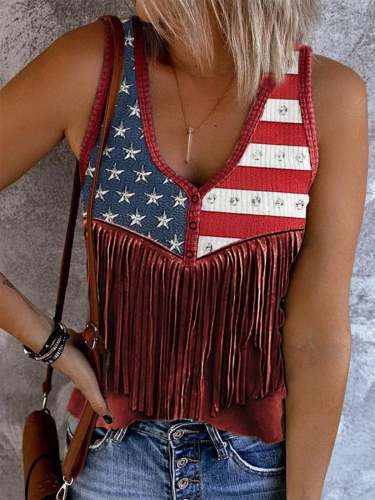Women's American Flag Rivet Tassel Art Print V-Neck Sleeveless Tank Top