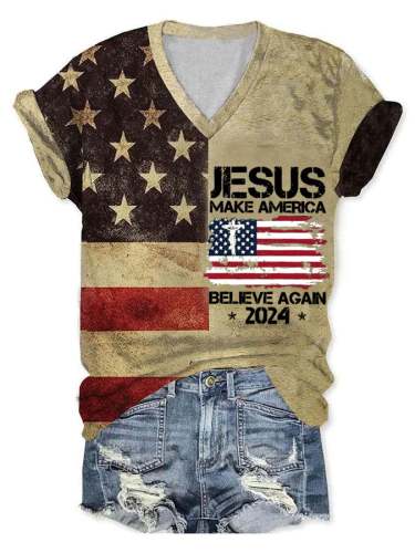 Women's Independence Day Jesus 2024 Make America Believe Again Printed V-neck T-shirt