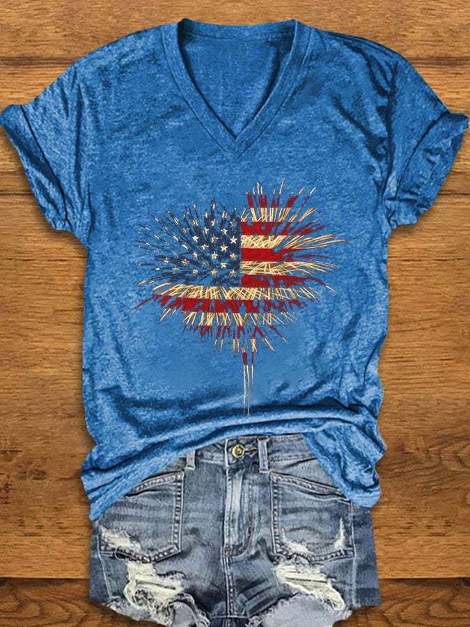 Women's Independence Day Retro Love Fireworks Flag Print T-Shirt