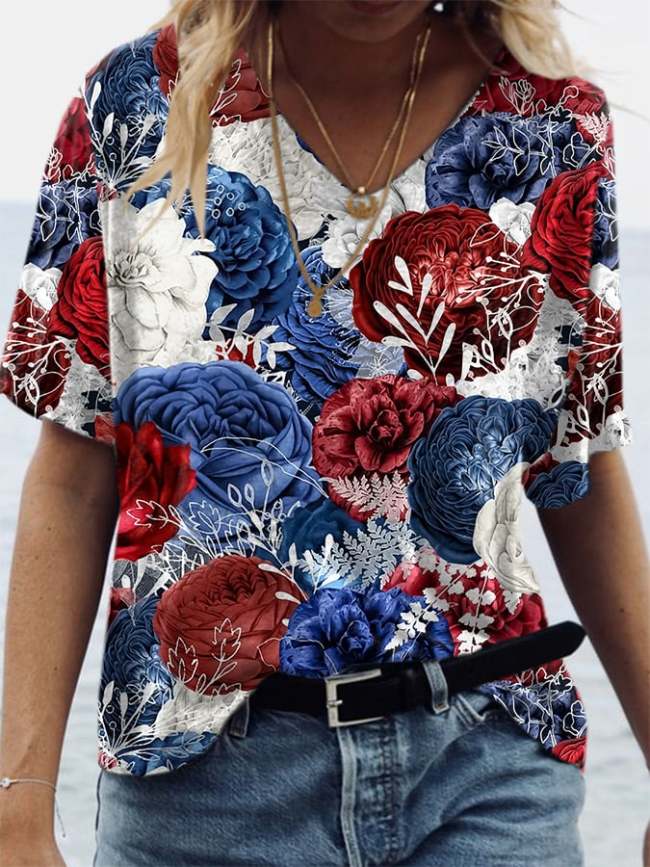 Women'S Independence Day Floral Art Print Casual T-Shirt