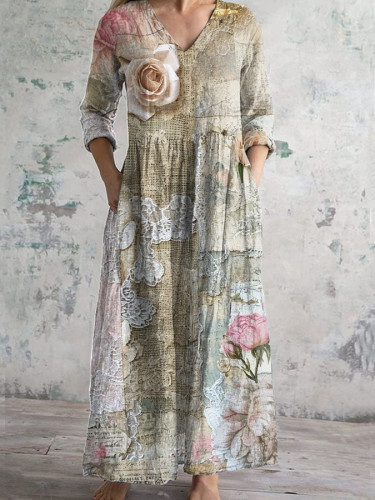 Vintage Chic Floral Art Print Casual Blend Dress