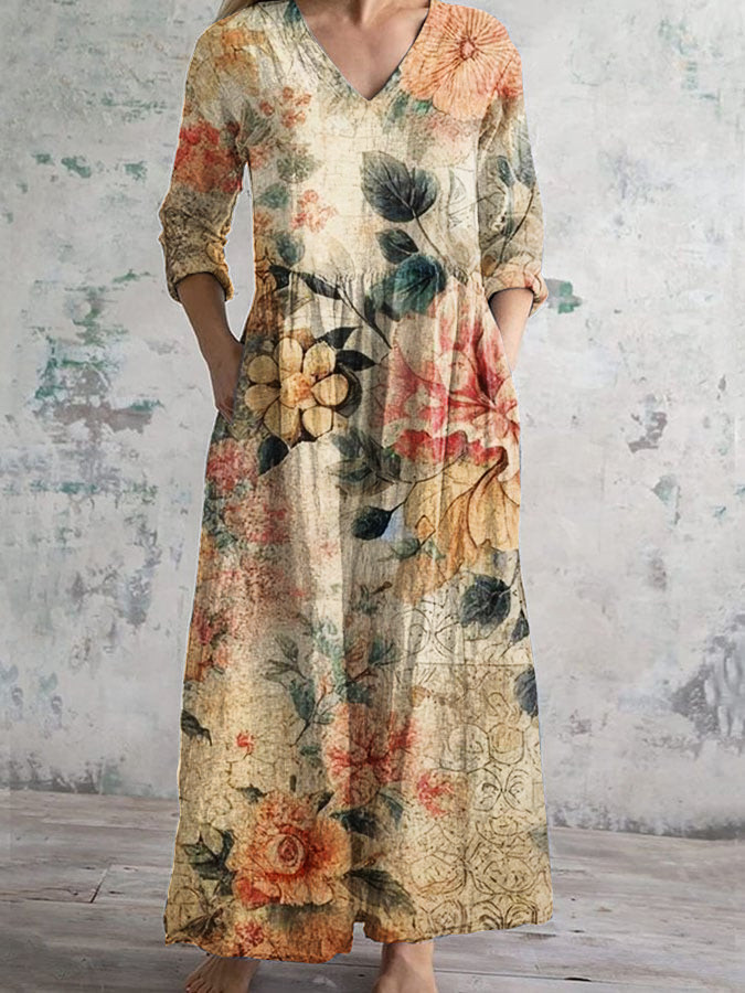 Vintage Floral Art Print Casual Blend Dress
