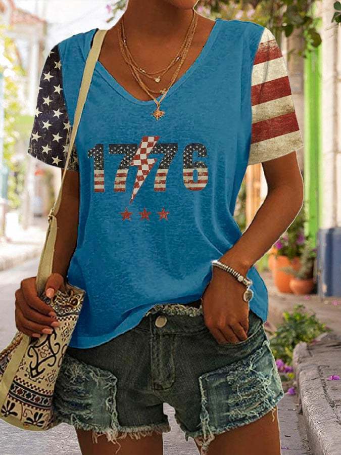 Women's Flag 1776 Print V-Neck T-Shirt