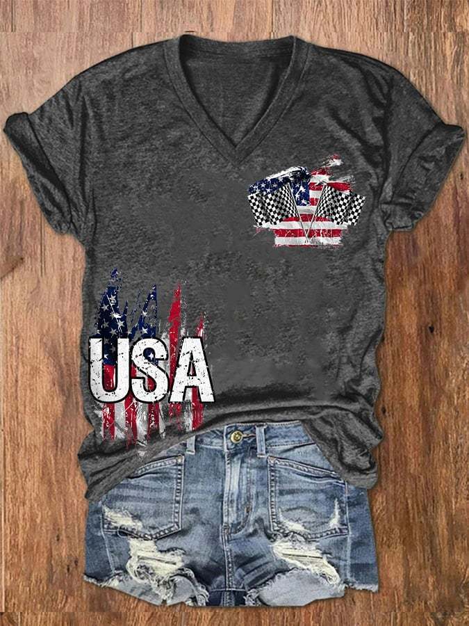 Women's Racing American Checkered Flag 4th Of July V-Neck Tee