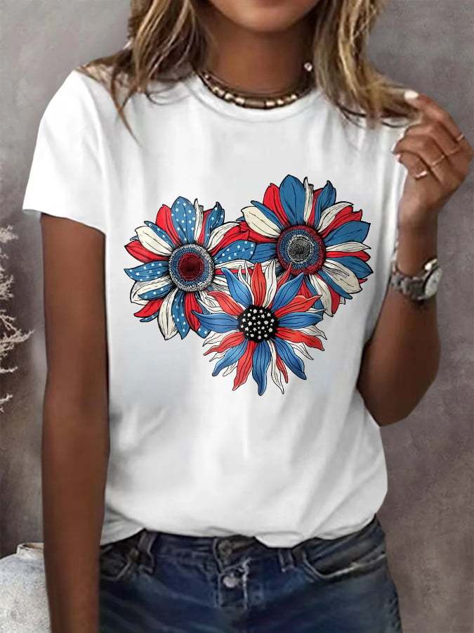 Women's Flag Sunflower Print Casual T-Shirt