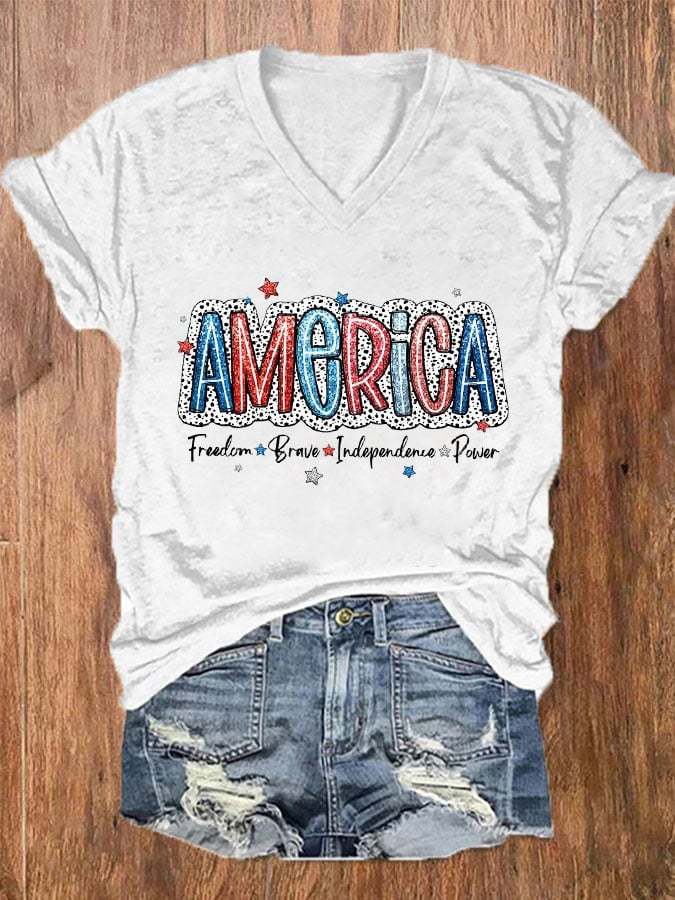 Women's Freedom Brave Indepence Power America Print V-Neck T-Shirt