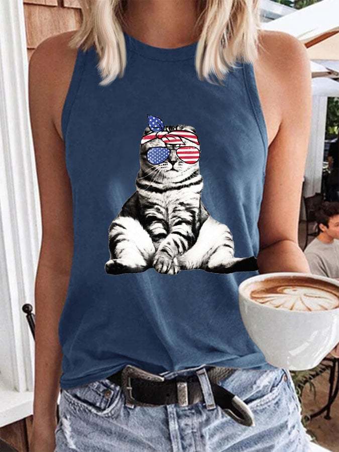 Women's Independence Day Cat Print Tank Top