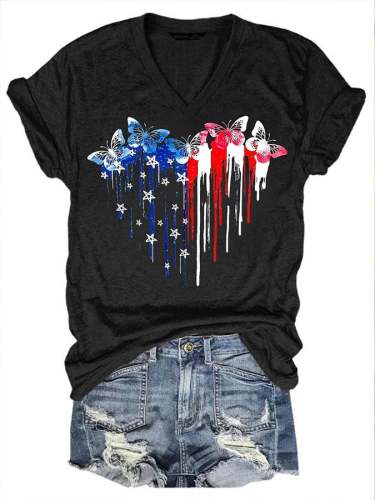 Women's Independence Day Heart Butterfly Print T-Shirt