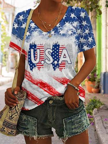 Women's Independence Day USA Print V-Neck T-Shirt