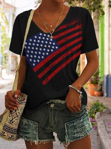 Women's V-Neck Independence Day Distressed Flag Graphic T-Shirt