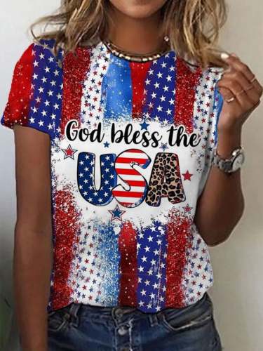 Women's  Independence Day Shiny God Bless The USA Casual Tee