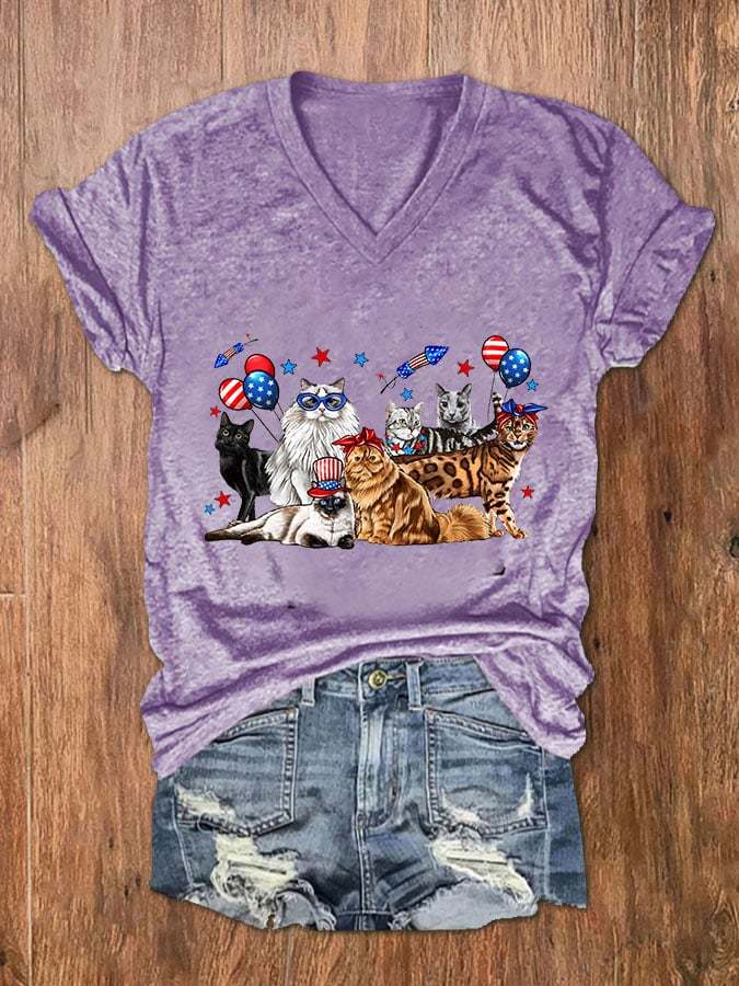 Women's Independence Day Cats Print V-Neck T-Shirt